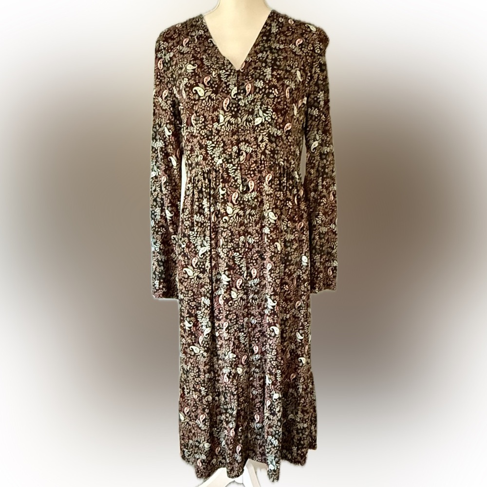 J. Jill Brown Paisley Long Sleeve Midi Dress - Brown